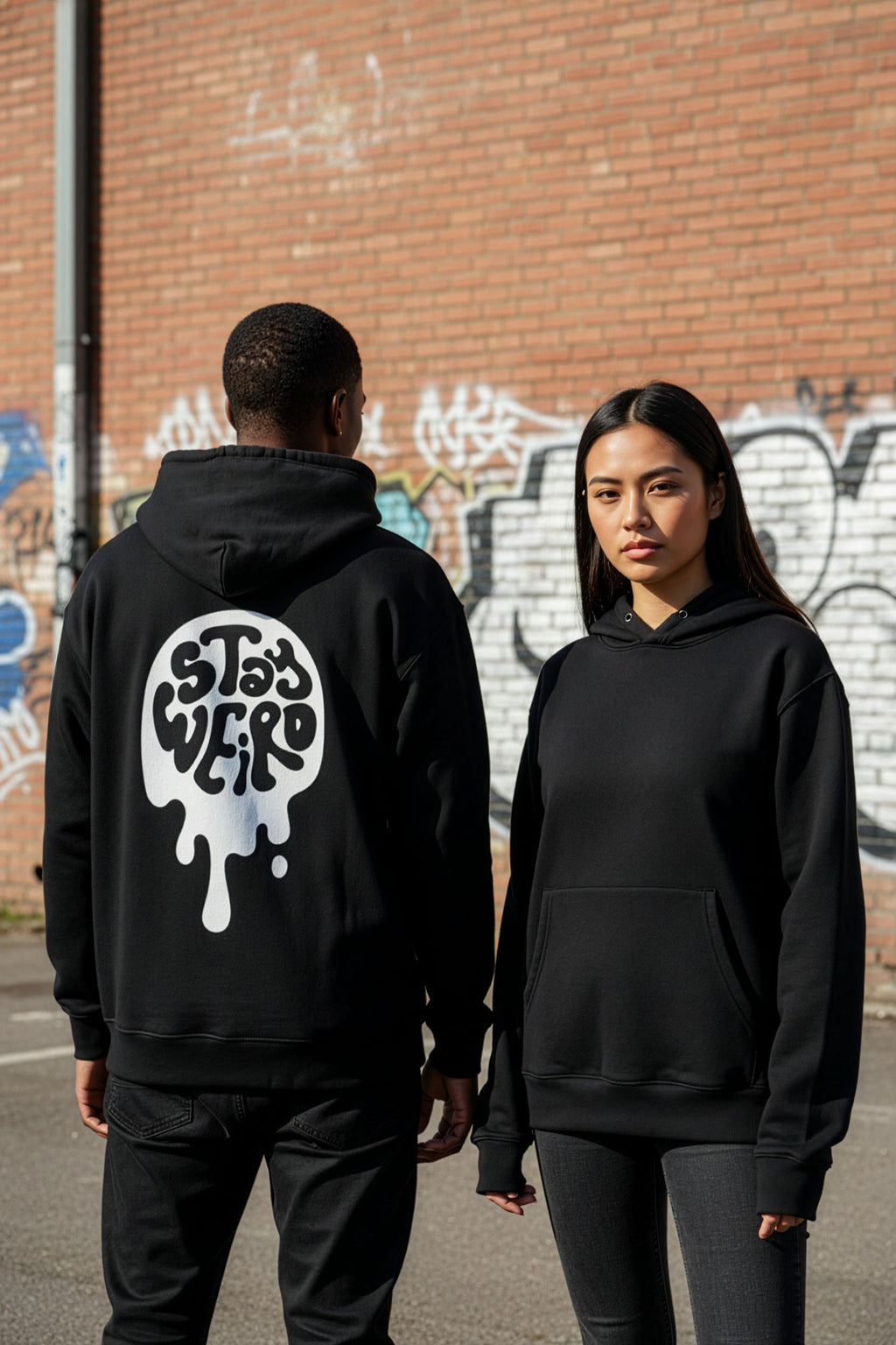 Two people wearing black hoodies with a logo on a graffiti-covered wall background