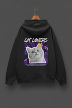 Black hoodie with a cat-themed graphic on a dark background
