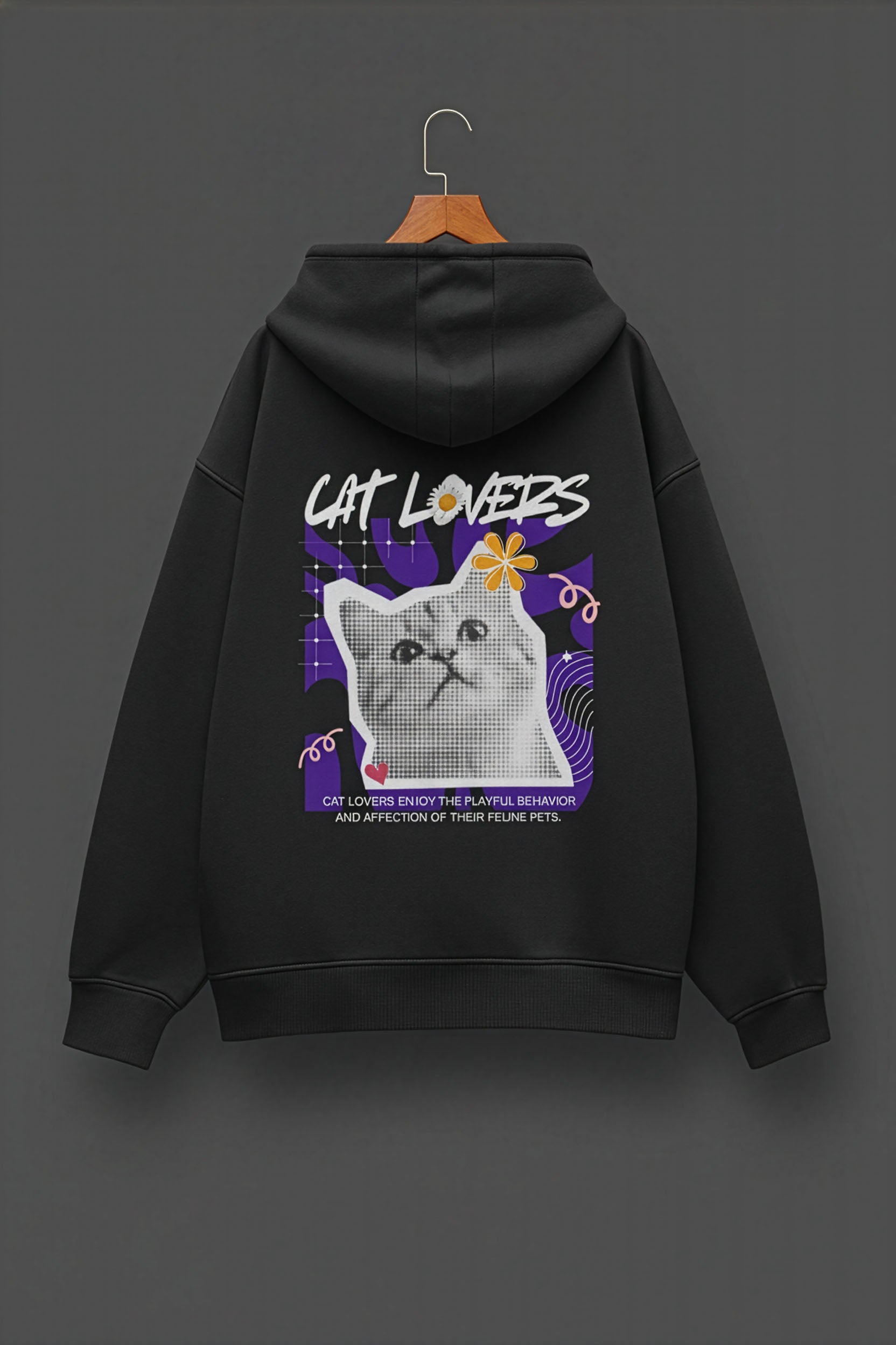 Black hoodie with a cat-themed graphic on a dark background