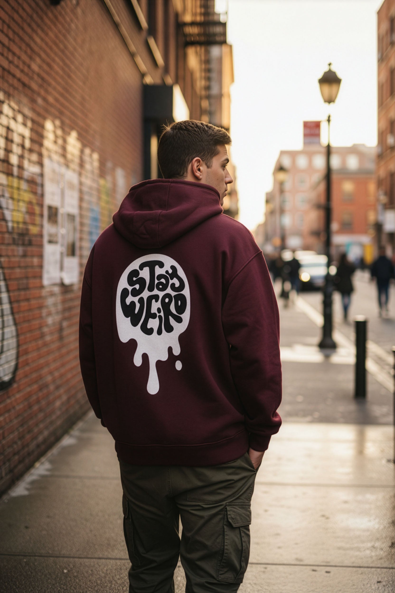 Man wearing a maroon hoodie with a logo on the back, standing on a city street.