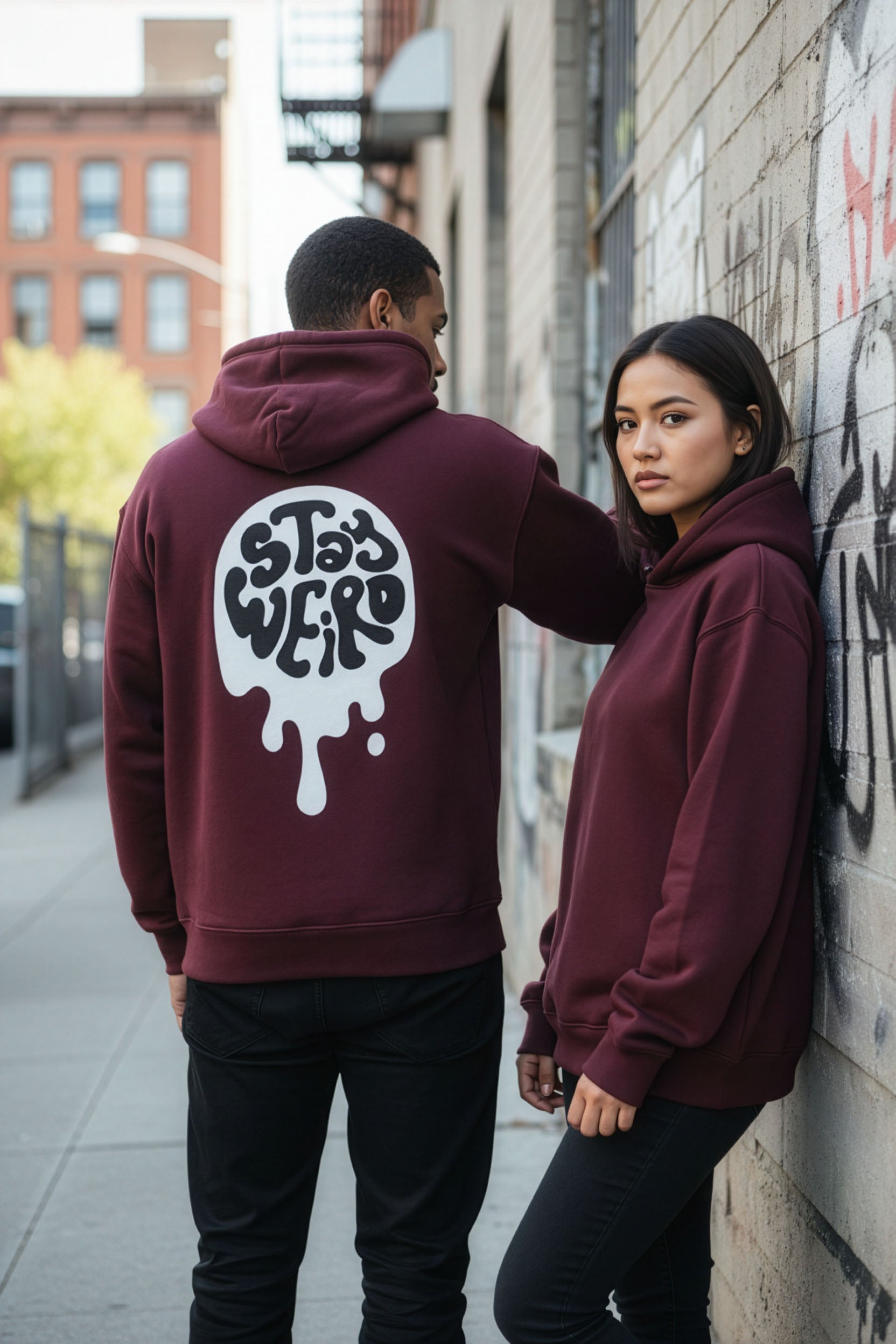 Two people wearing maroon hoodies with a logo, one facing away from the camera against a graffiti-covered wall.